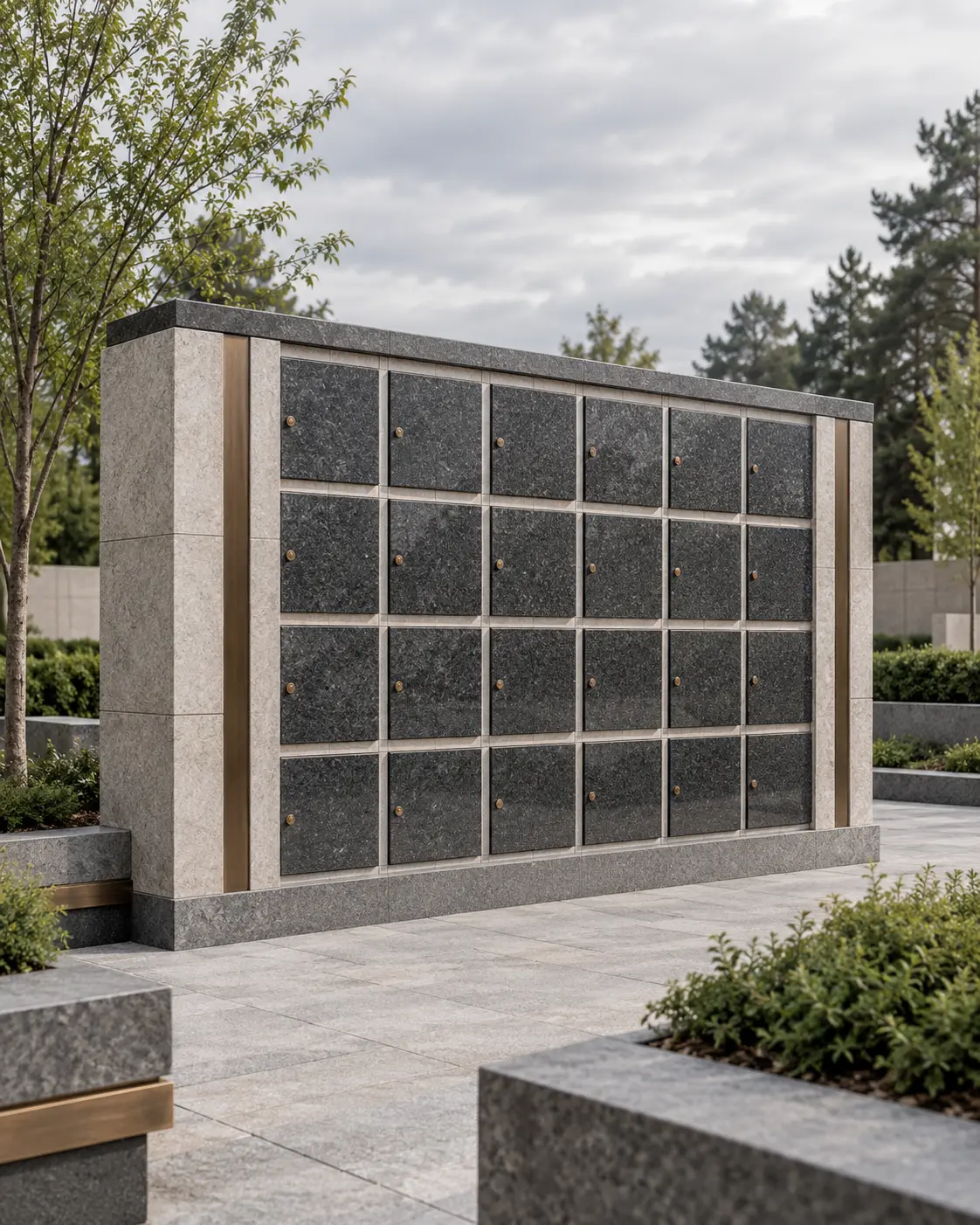 Modernus akmens kolumbariumas memorialiniame sode